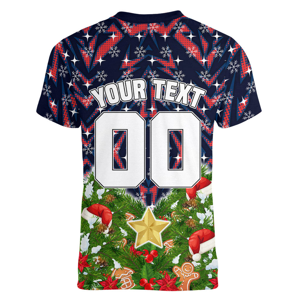 Personalised Sydney Roosters Rugby Christmas Women V-Neck T-Shirt Santa Rugby Mascot - Pine Wreath Festive
