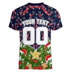Personalised Sydney Roosters Rugby Christmas Women V-Neck T-Shirt Santa Rugby Mascot - Pine Wreath Festive
