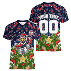 Personalised Sydney Roosters Rugby Christmas Women V-Neck T-Shirt Santa Rugby Mascot - Pine Wreath Festive