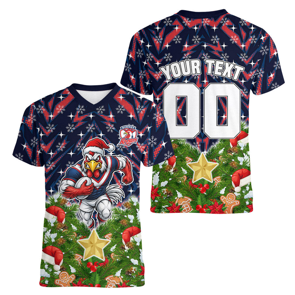 Personalised Sydney Roosters Rugby Christmas Women V-Neck T-Shirt Santa Rugby Mascot - Pine Wreath Festive