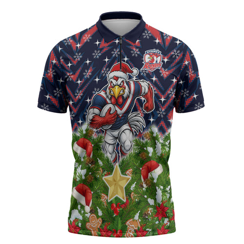 Personalised Sydney Roosters Rugby Christmas Zipper Polo Shirt Santa Rugby Mascot - Pine Wreath Festive