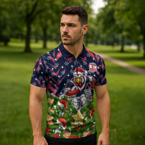 Personalised Sydney Roosters Rugby Christmas Zipper Polo Shirt Santa Rugby Mascot - Pine Wreath Festive
