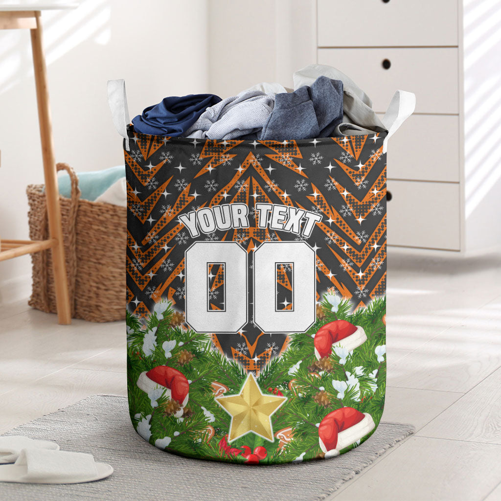 Personalised Wests Tigers Rugby Christmas Laundry Basket Santa Rugby Mascot - Pine Wreath Festive