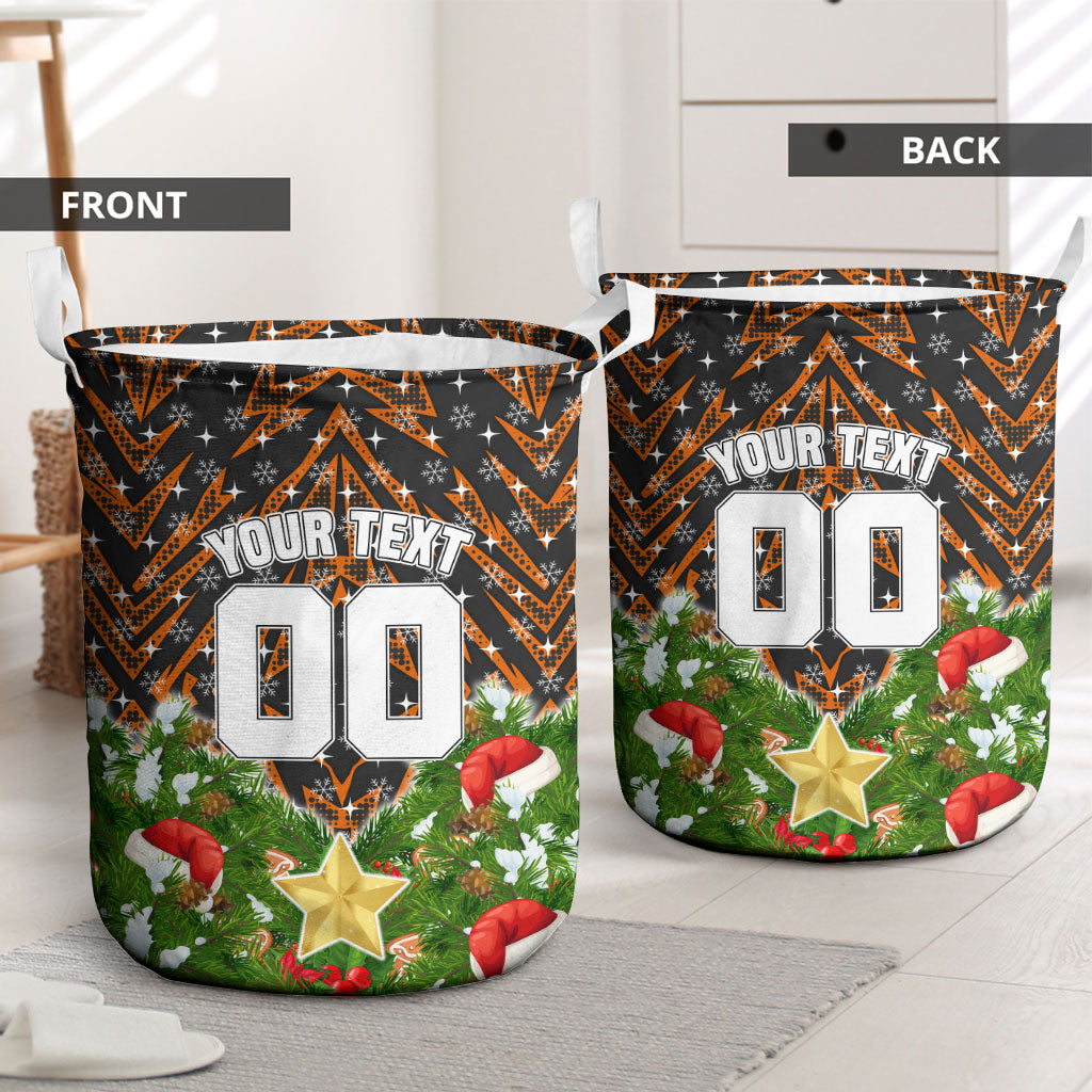 Personalised Wests Tigers Rugby Christmas Laundry Basket Santa Rugby Mascot - Pine Wreath Festive