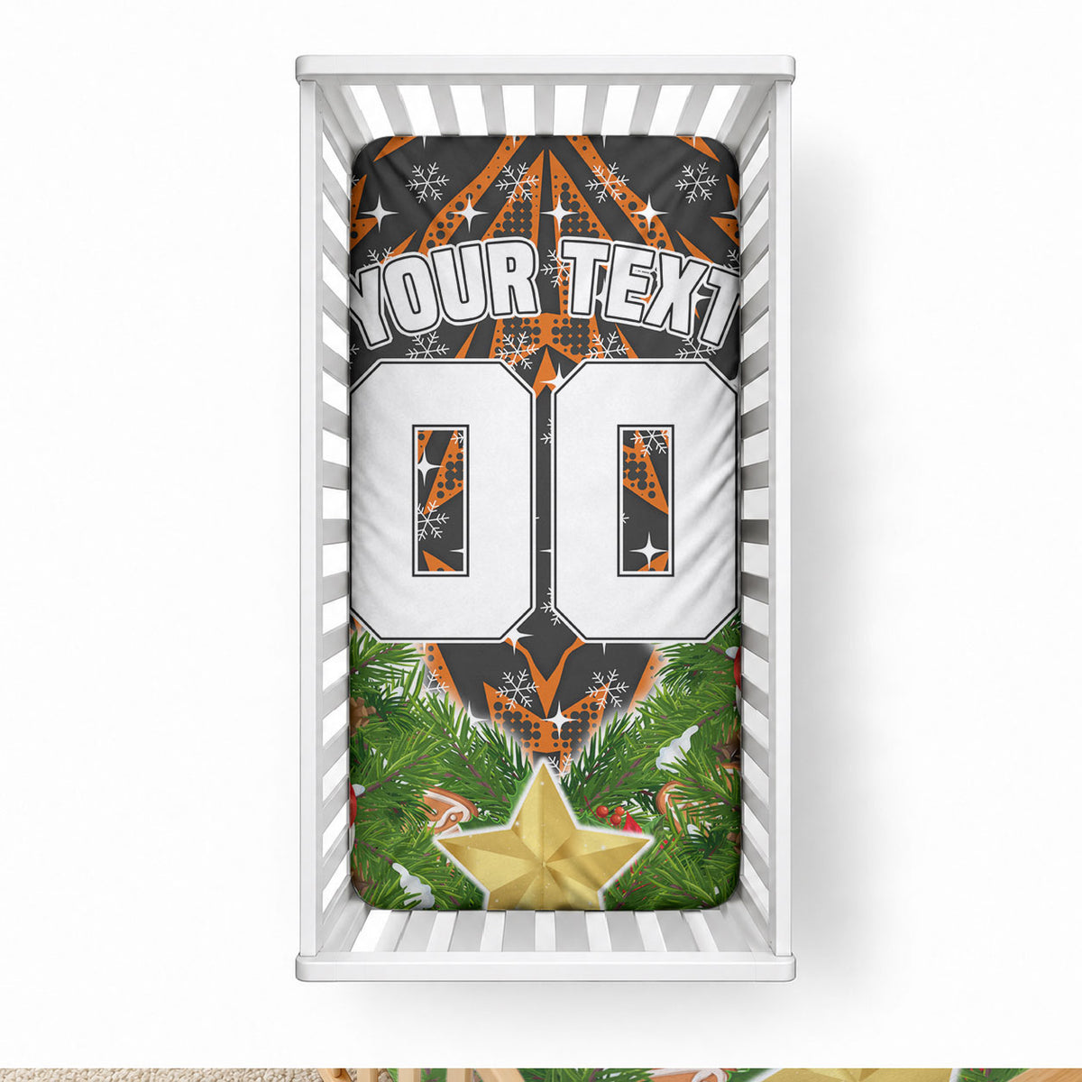 Personalised Wests Tigers Rugby Christmas Baby Bed Cover Santa Rugby Mascot - Pine Wreath Festive