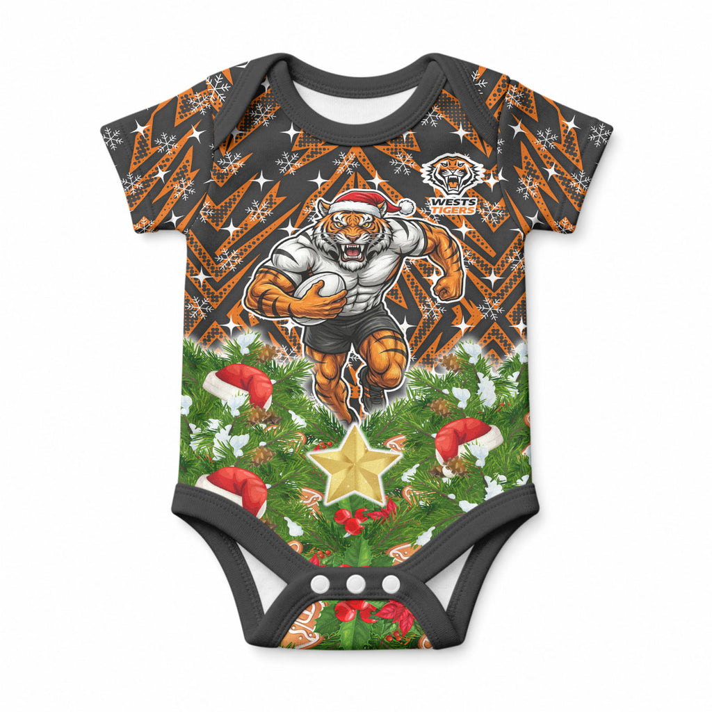 Personalised Wests Tigers Rugby Christmas Baby Onesie Santa Rugby Mascot - Pine Wreath Festive