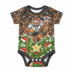 Personalised Wests Tigers Rugby Christmas Baby Onesie Santa Rugby Mascot - Pine Wreath Festive