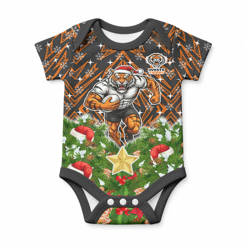Personalised Wests Tigers Rugby Christmas Baby Onesie Santa Rugby Mascot - Pine Wreath Festive