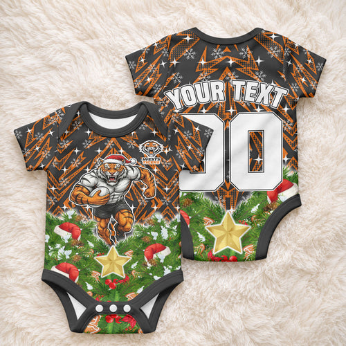 Personalised Wests Tigers Rugby Christmas Baby Onesie Santa Rugby Mascot - Pine Wreath Festive