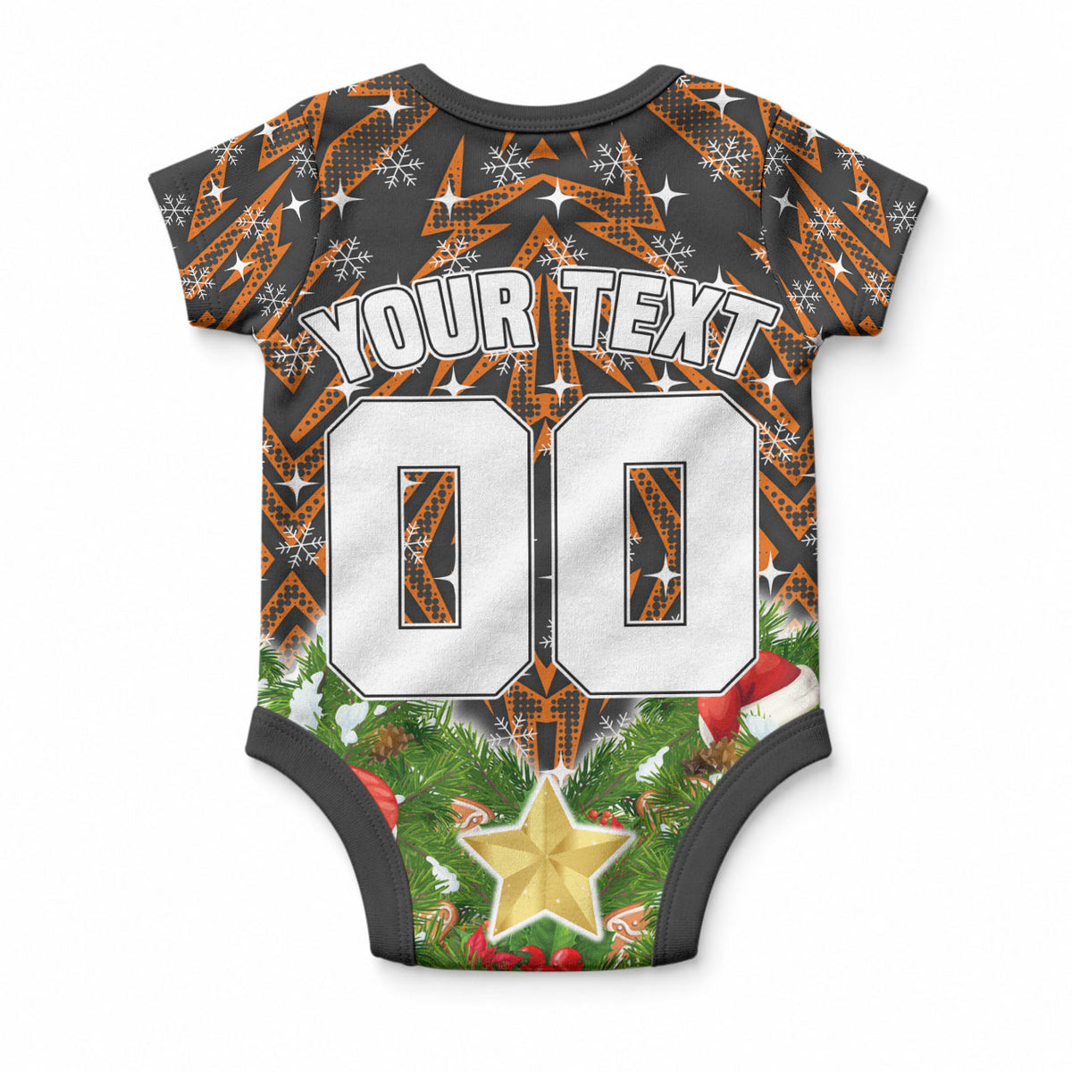 Personalised Wests Tigers Rugby Christmas Baby Onesie Santa Rugby Mascot - Pine Wreath Festive