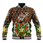 Personalised Wests Tigers Rugby Christmas Baseball Jacket Santa Rugby Mascot - Pine Wreath Festive