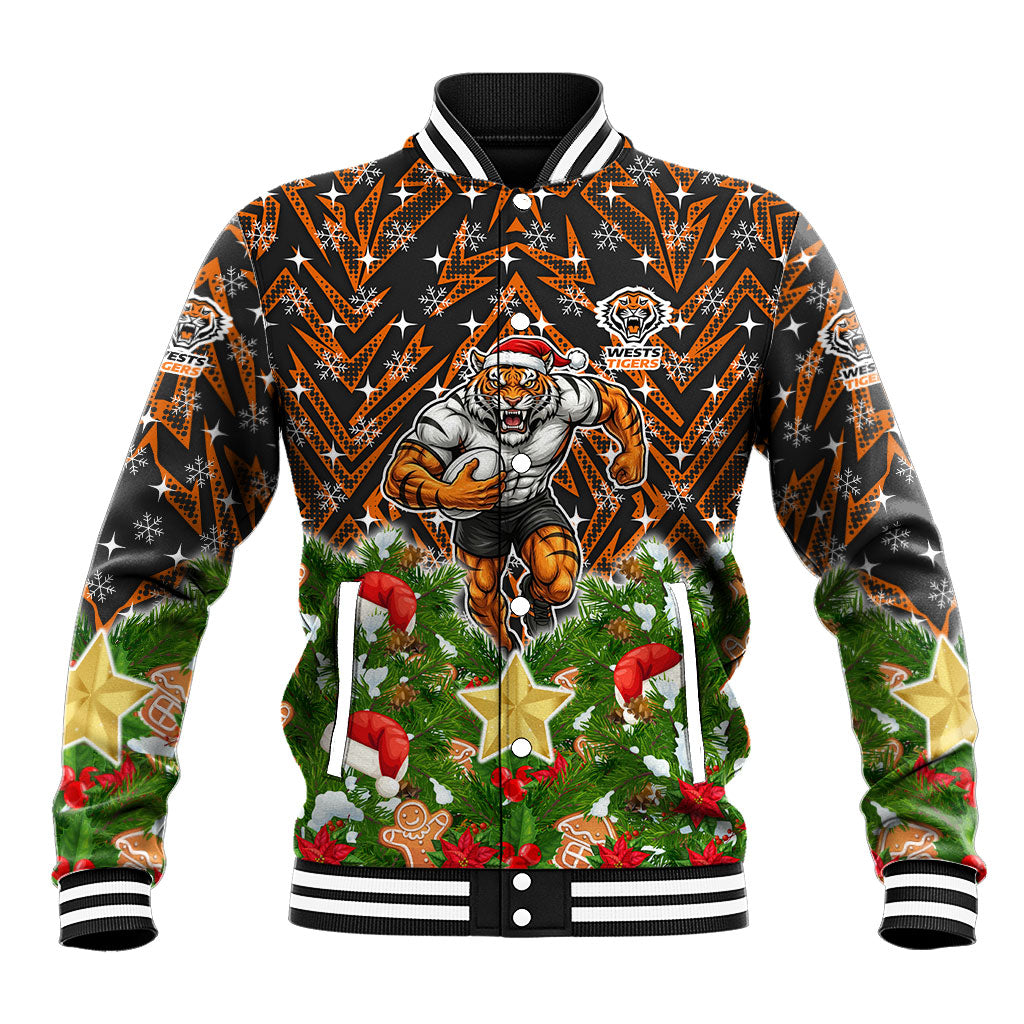 Personalised Wests Tigers Rugby Christmas Baseball Jacket Santa Rugby Mascot - Pine Wreath Festive