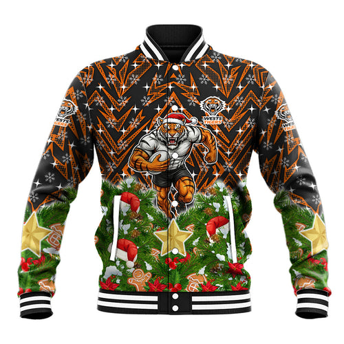 Personalised Wests Tigers Rugby Christmas Baseball Jacket Santa Rugby Mascot - Pine Wreath Festive