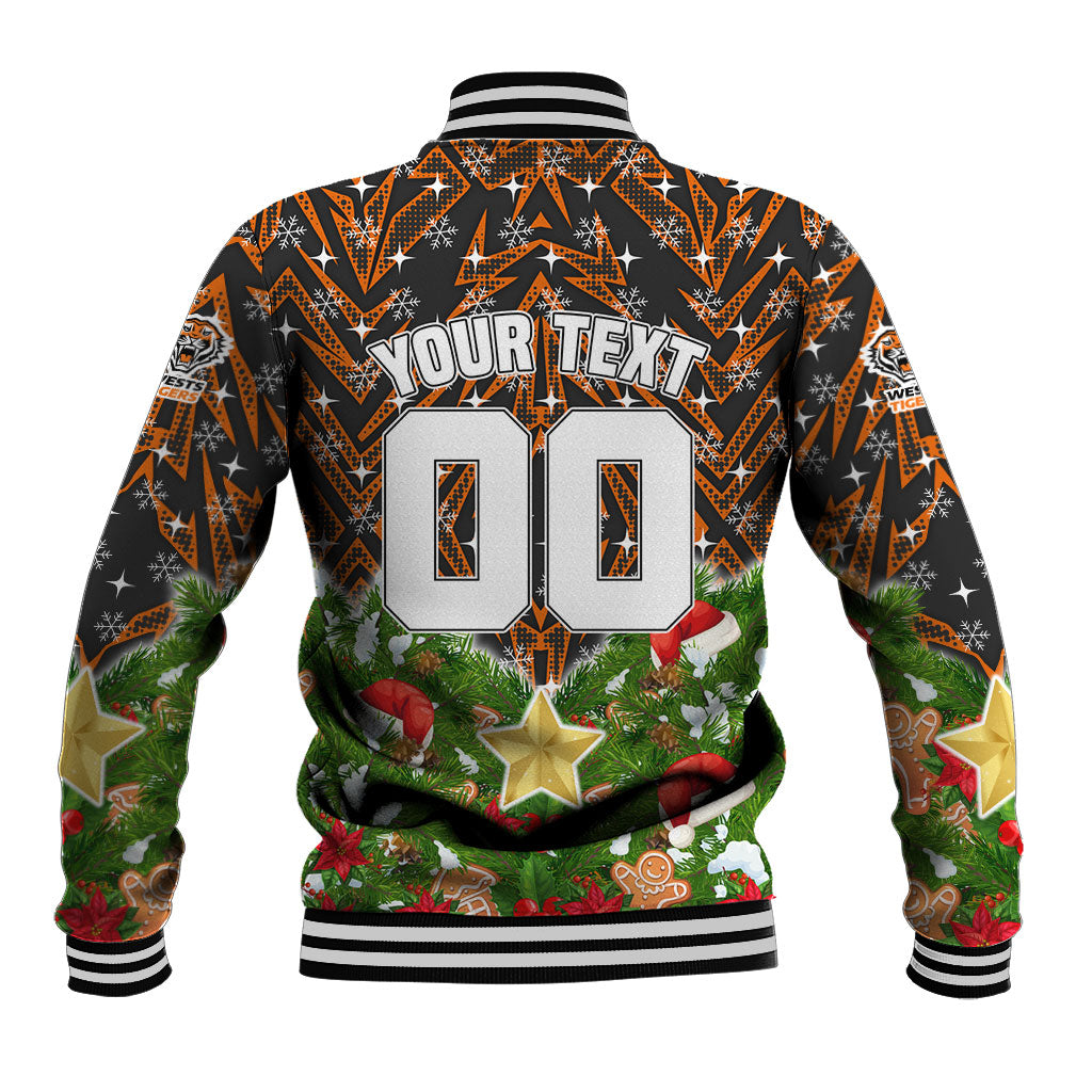 Personalised Wests Tigers Rugby Christmas Baseball Jacket Santa Rugby Mascot - Pine Wreath Festive