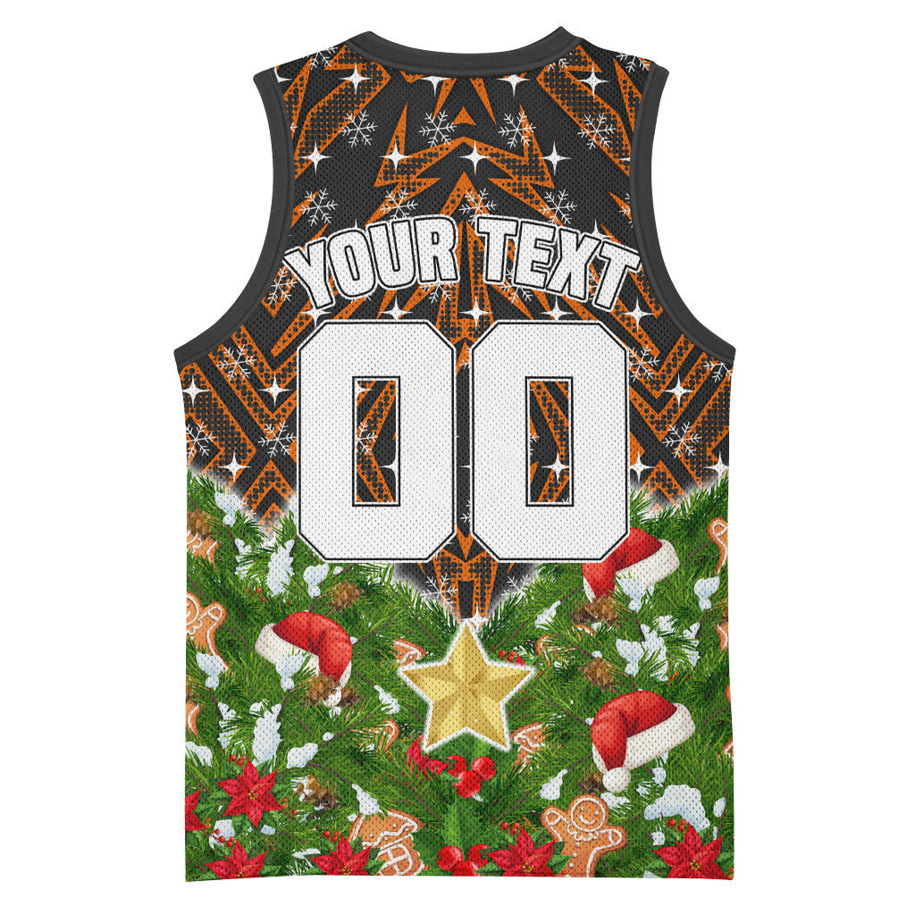 Personalised Wests Tigers Rugby Christmas Basketball Jersey Santa Rugby Mascot - Pine Wreath Festive