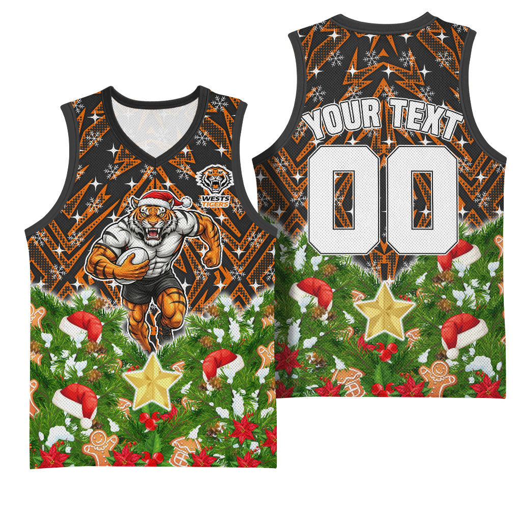 Personalised Wests Tigers Rugby Christmas Basketball Jersey Santa Rugby Mascot - Pine Wreath Festive