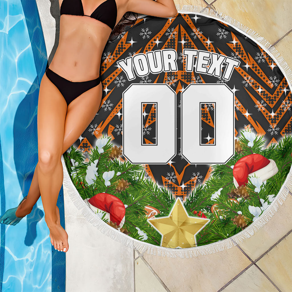 Personalised Wests Tigers Rugby Christmas Beach Blanket Santa Rugby Mascot - Pine Wreath Festive