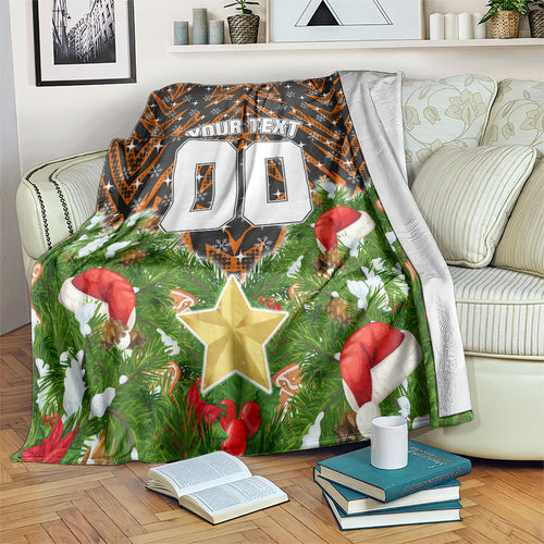 Personalised Wests Tigers Rugby Christmas Blanket Santa Rugby Mascot - Pine Wreath Festive