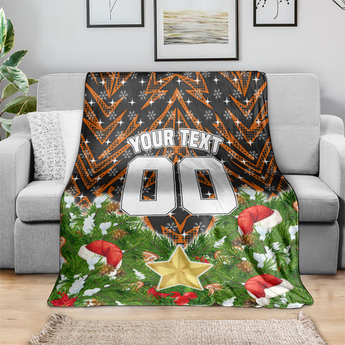 Personalised Wests Tigers Rugby Christmas Blanket Santa Rugby Mascot - Pine Wreath Festive