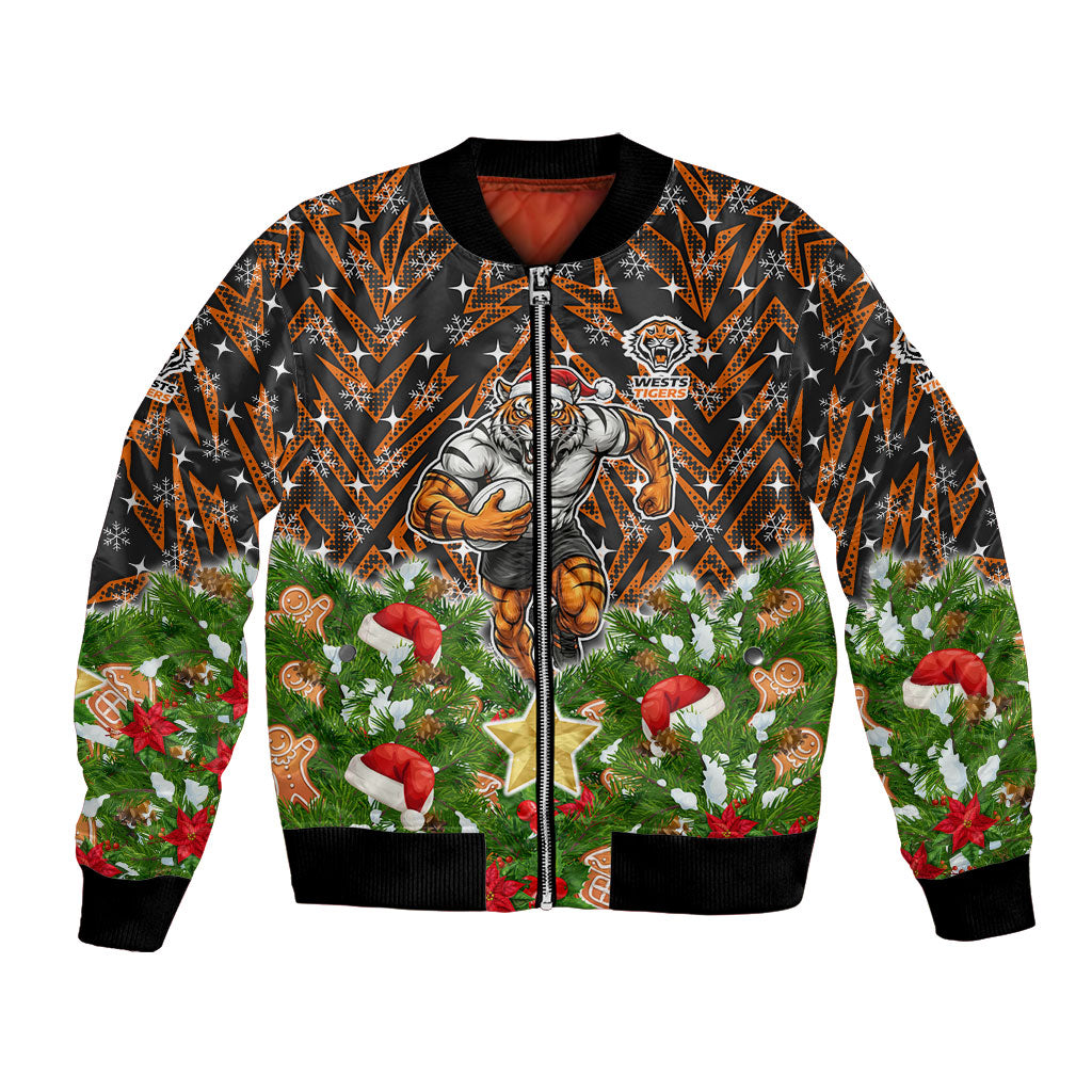 Personalised Wests Tigers Rugby Christmas Bomber Jacket Santa Rugby Mascot - Pine Wreath Festive