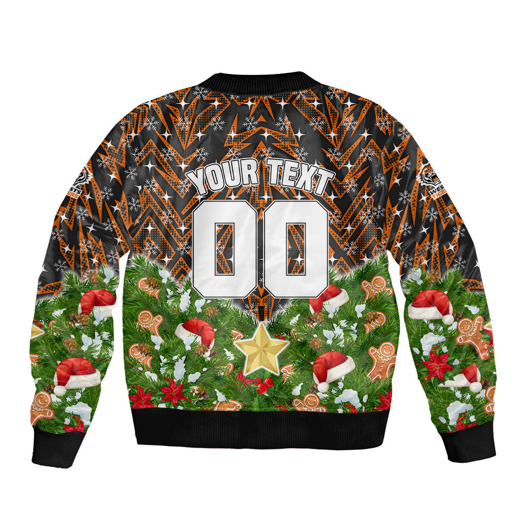 Personalised Wests Tigers Rugby Christmas Bomber Jacket Santa Rugby Mascot - Pine Wreath Festive