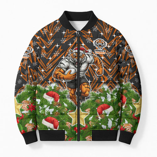 Personalised Wests Tigers Rugby Christmas Bomber Puffer Jacket Santa Rugby Mascot - Pine Wreath Festive