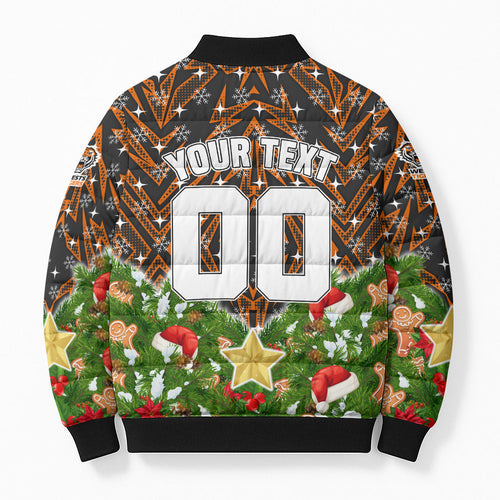 Personalised Wests Tigers Rugby Christmas Bomber Puffer Jacket Santa Rugby Mascot - Pine Wreath Festive