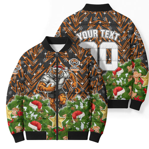 Personalised Wests Tigers Rugby Christmas Bomber Puffer Jacket Santa Rugby Mascot - Pine Wreath Festive