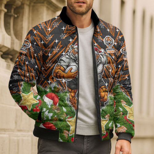 Personalised Wests Tigers Rugby Christmas Bomber Puffer Jacket Santa Rugby Mascot - Pine Wreath Festive