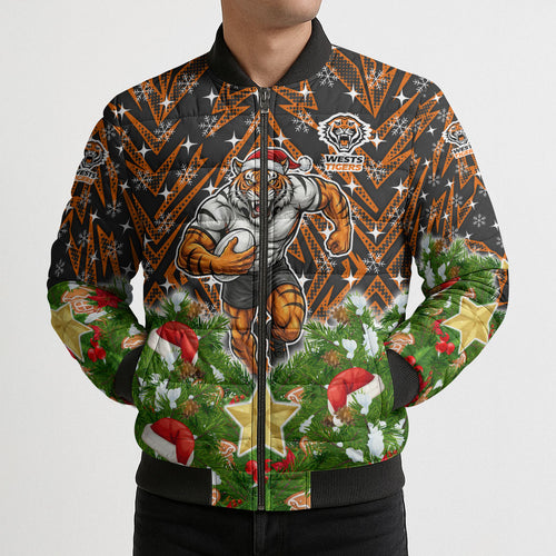 Personalised Wests Tigers Rugby Christmas Bomber Puffer Jacket Santa Rugby Mascot - Pine Wreath Festive