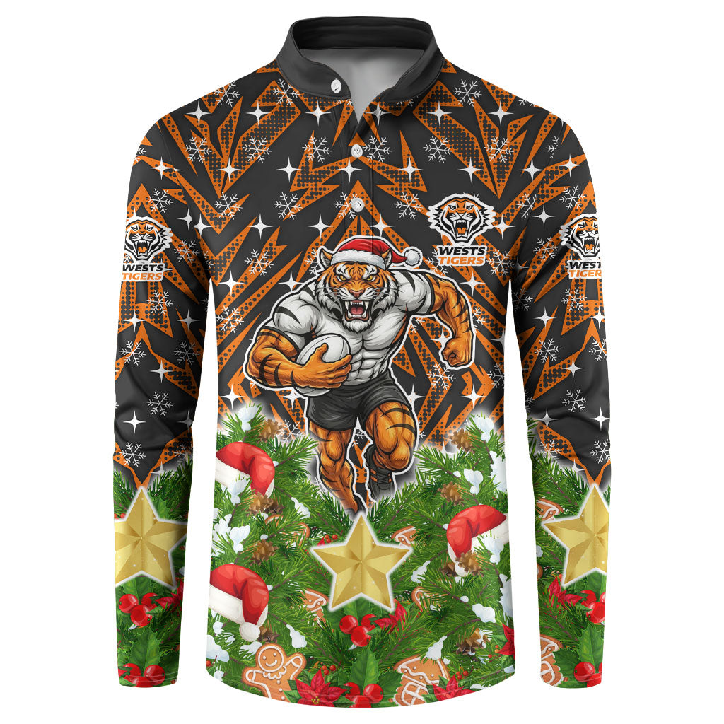Personalised Wests Tigers Rugby Christmas Button Sweatshirt Santa Rugby Mascot - Pine Wreath Festive