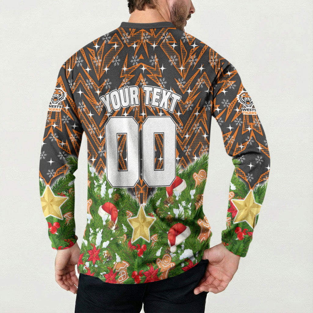 Personalised Wests Tigers Rugby Christmas Button Sweatshirt Santa Rugby Mascot - Pine Wreath Festive
