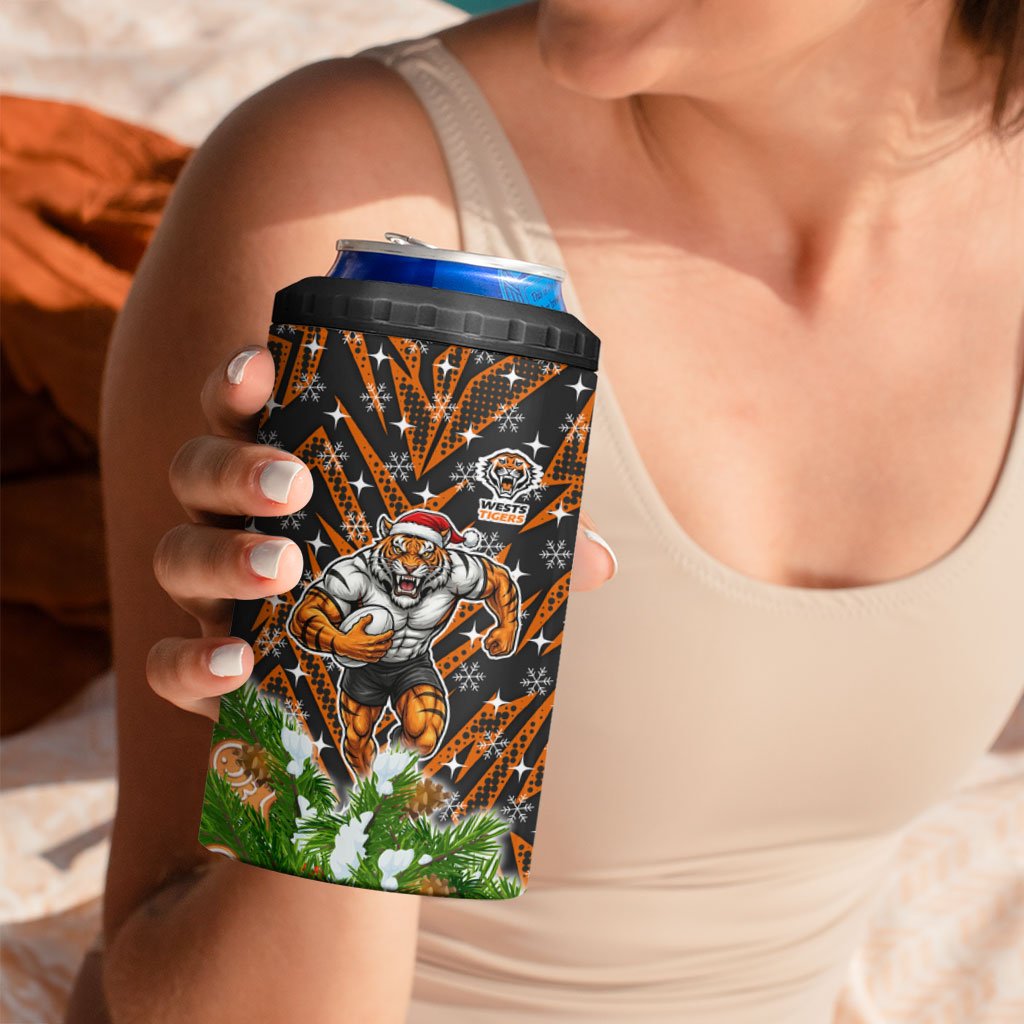 Personalised Wests Tigers Rugby Christmas 4 in 1 Can Cooler Tumbler Santa Rugby Mascot - Pine Wreath Festive