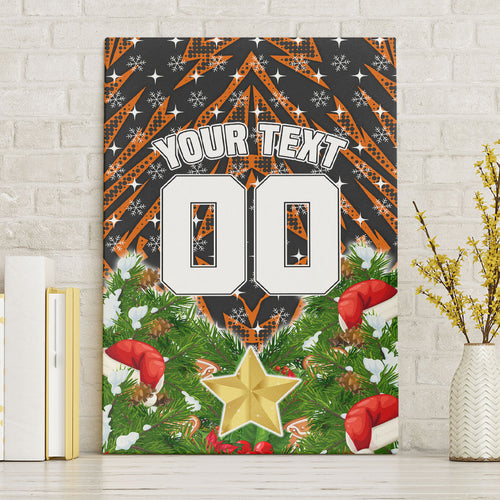 Personalised Wests Tigers Rugby Christmas Canvas Wall Art Santa Rugby Mascot - Pine Wreath Festive