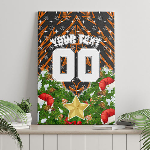 Personalised Wests Tigers Rugby Christmas Canvas Wall Art Santa Rugby Mascot - Pine Wreath Festive