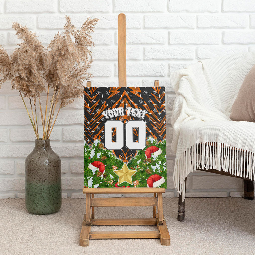Personalised Wests Tigers Rugby Christmas Canvas Wall Art Santa Rugby Mascot - Pine Wreath Festive