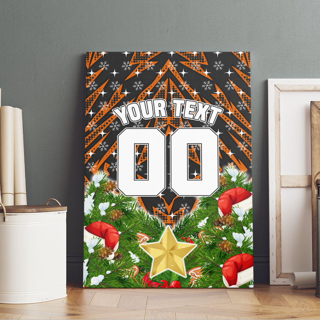 Personalised Wests Tigers Rugby Christmas Canvas Wall Art Santa Rugby Mascot - Pine Wreath Festive