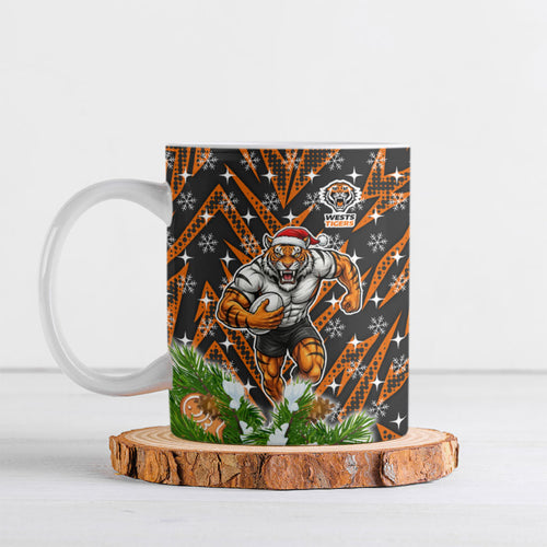 Personalised Wests Tigers Rugby Christmas Ceramic Mug Santa Rugby Mascot - Pine Wreath Festive