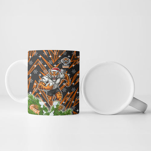 Personalised Wests Tigers Rugby Christmas Ceramic Mug Santa Rugby Mascot - Pine Wreath Festive