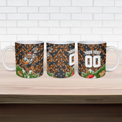 Personalised Wests Tigers Rugby Christmas Ceramic Mug Santa Rugby Mascot - Pine Wreath Festive