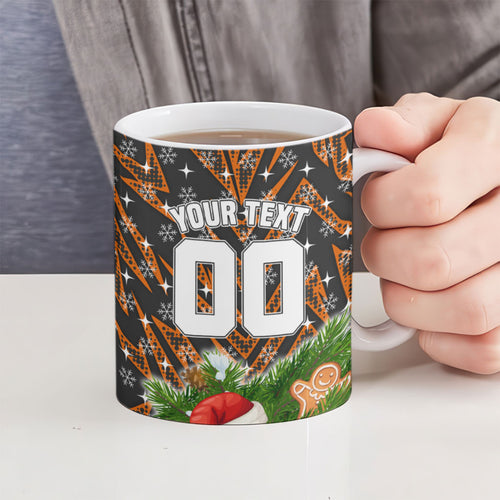 Personalised Wests Tigers Rugby Christmas Ceramic Mug Santa Rugby Mascot - Pine Wreath Festive