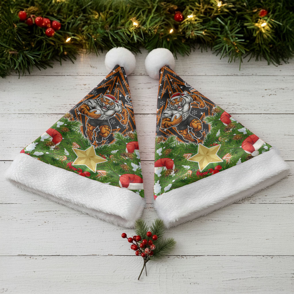 Wests Tigers Rugby Christmas Santa Hat Santa Rugby Mascot - Pine Wreath Festive