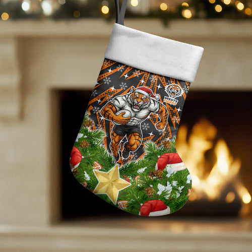 Wests Tigers Rugby Christmas Stocking Santa Rugby Mascot - Pine Wreath Festive