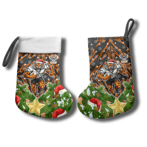 Wests Tigers Rugby Christmas Stocking Santa Rugby Mascot - Pine Wreath Festive