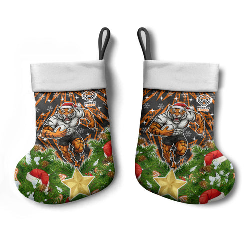 Wests Tigers Rugby Christmas Stocking Santa Rugby Mascot - Pine Wreath Festive