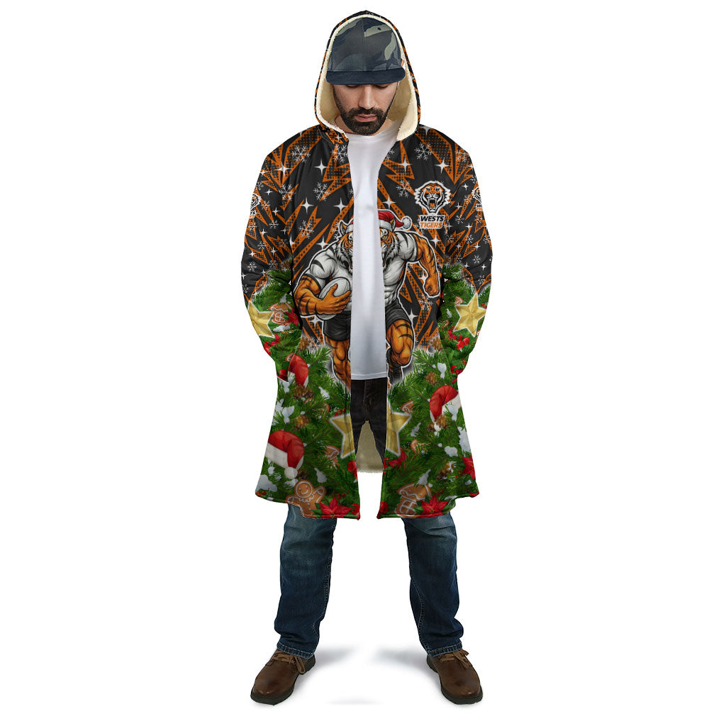 Personalised Wests Tigers Rugby Christmas Cloak Santa Rugby Mascot - Pine Wreath Festive