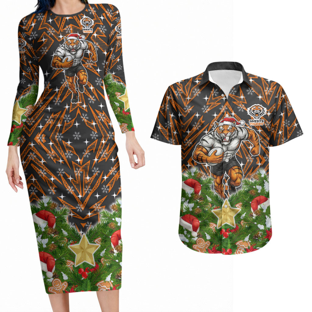 Personalised Wests Tigers Rugby Christmas Couples Matching Long Sleeve Bodycon Dress and Hawaiian Shirt Santa Rugby Mascot - Pine Wreath Festive