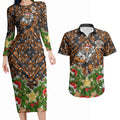 Personalised Wests Tigers Rugby Christmas Couples Matching Long Sleeve Bodycon Dress and Hawaiian Shirt Santa Rugby Mascot - Pine Wreath Festive