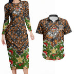 Personalised Wests Tigers Rugby Christmas Couples Matching Long Sleeve Bodycon Dress and Hawaiian Shirt Santa Rugby Mascot - Pine Wreath Festive