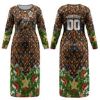 Personalised Wests Tigers Rugby Christmas Couples Matching Long Sleeve Bodycon Dress and Hawaiian Shirt Santa Rugby Mascot - Pine Wreath Festive